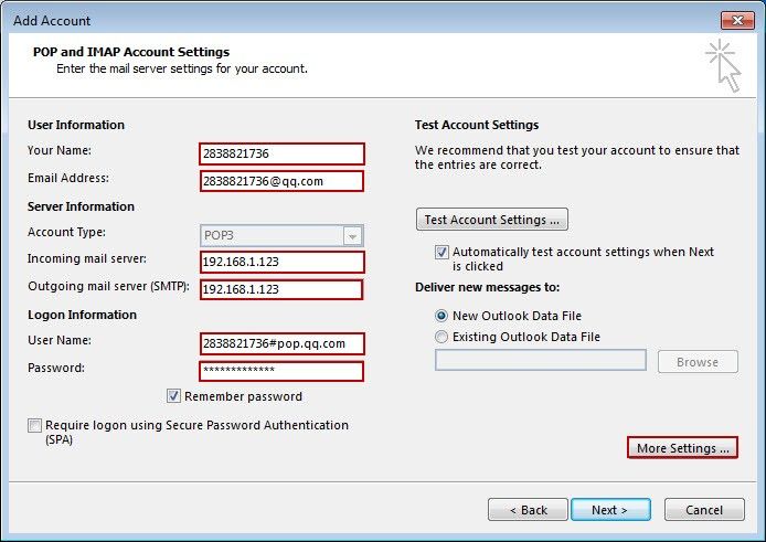 outlook 2010 change email server settings