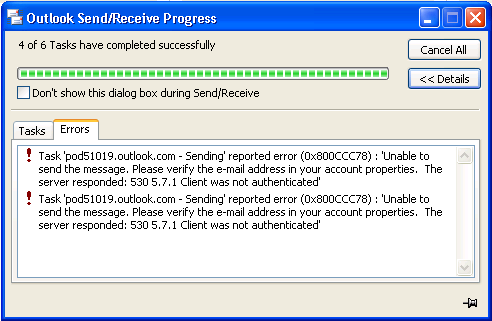 outlook can t send messages