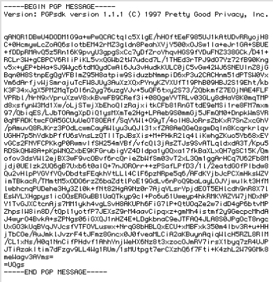An example of what an encrypted email looks like using PGP.